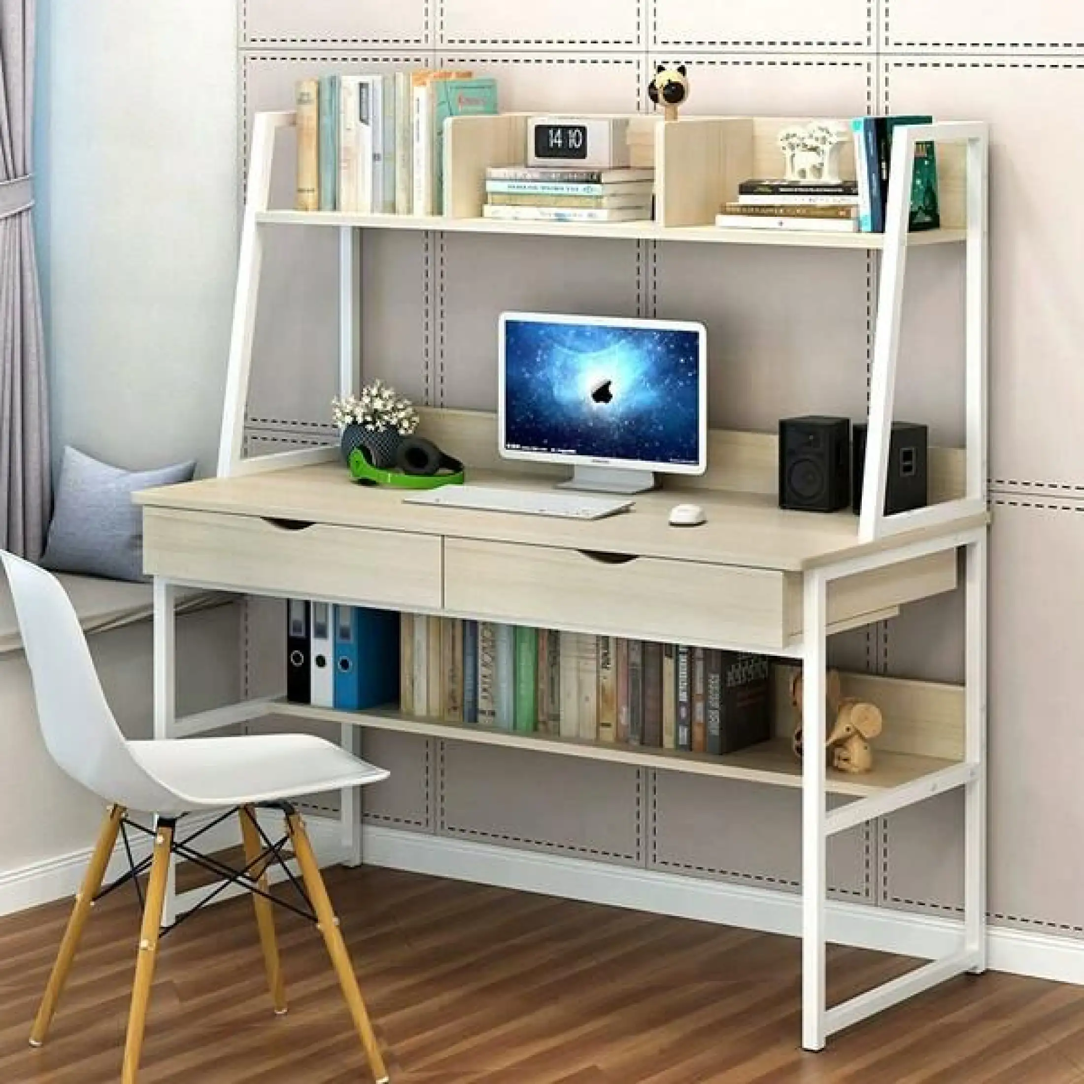 Solid Wood Double Combination Computer, Table Bookcase Combination