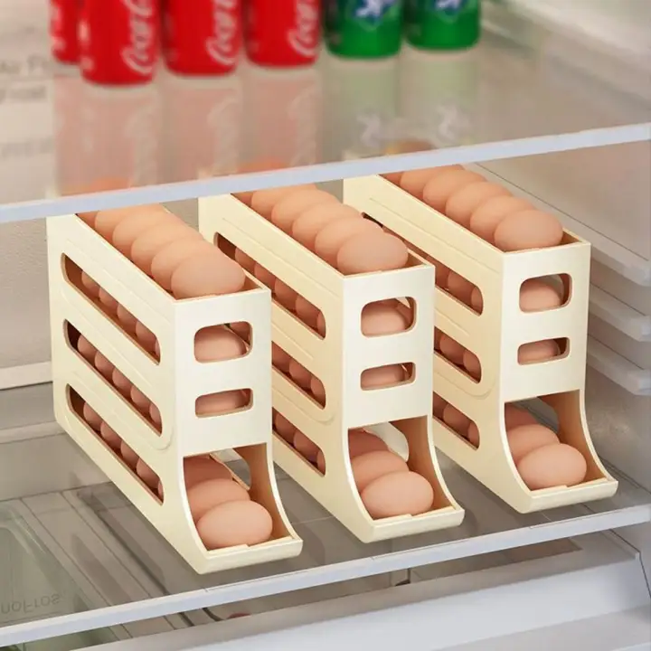 GAOSU Plastic Refrigerator Egg Storage Box 30 Grids Large Capacity Automatic Scrolling Egg Holder Practical Space Saving Roll Off Egg Storage Rack Homeuse