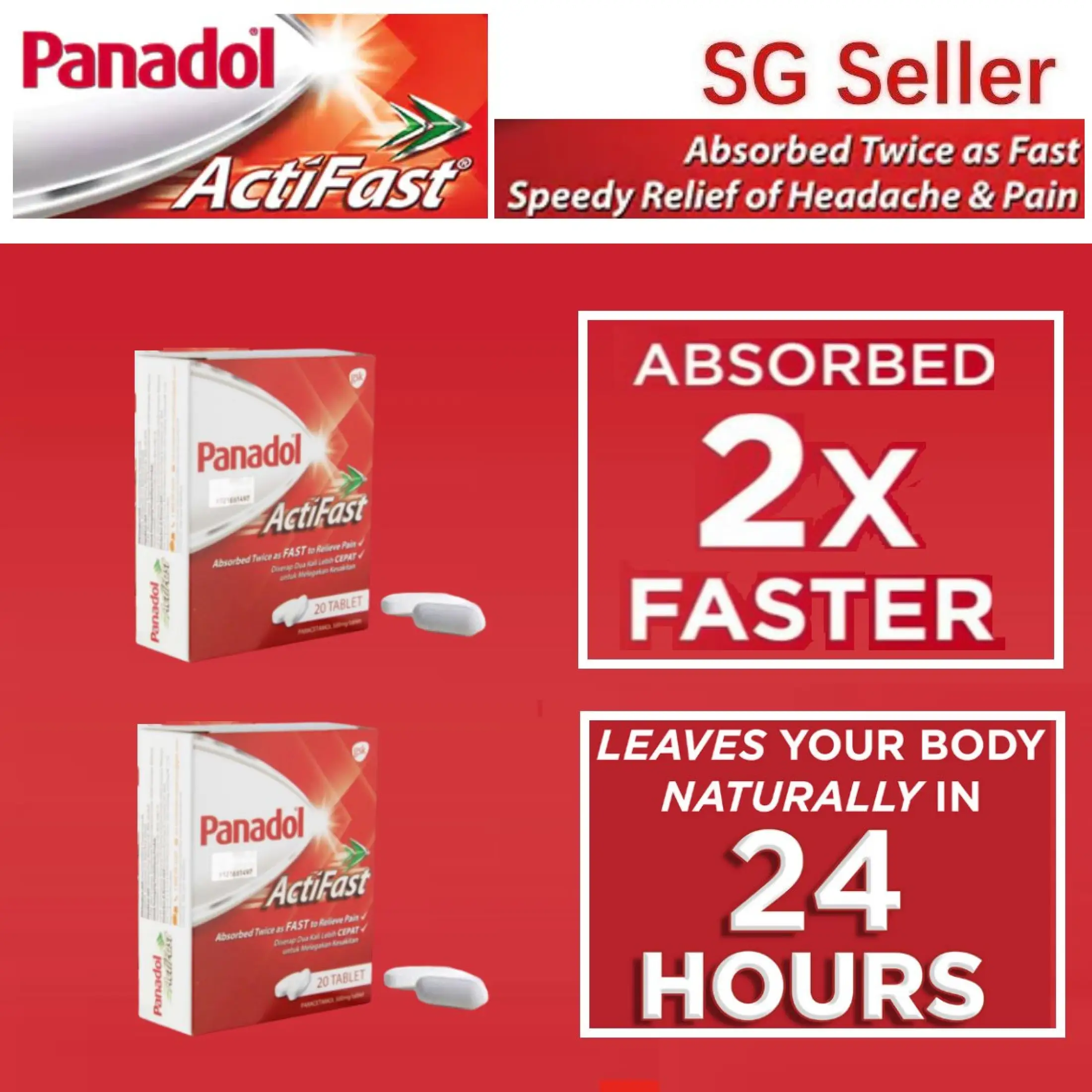 Panadol Actifast 2 Boxes Of 20 Tablets Each Fast Pain Relief Twice As Fast As Ordinary Paracetamol Gentle On Your Stomach Leave Your Body Naturally In 24 Hours Ready Stock Sg Seller Lazada Singapore